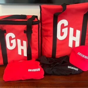-Two Grub Hub insulated bags, 2 Grub Hub shirts, and 1 Grub Hub hat